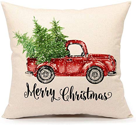 4TH Emotion Christmas Farmhouse Truck Throw Pillow Cover Green Tree Cushion Case for Sofa Couch 18x18 Inches Cotton Linen