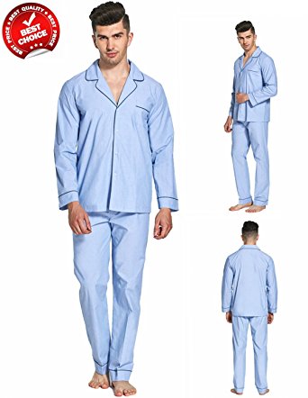 100% Cotton Mens Pajamas 2 Piece Blue Long Sleeve Sleepwear Drawstring PJS Set
