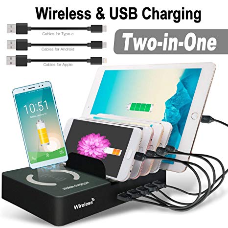 Dooreemee Charging Station for Multiple Devices, 5port USB   Wireless Charging Dock, Multi Device USB Charging Stations for Tablets/Swith/iPhone/Samsung Cell Phone Docking Stations [5 Cables Included]