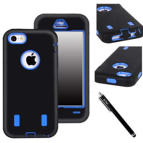 E LV Heavy Duty Rugged Dual Layer Hybrid Armor Defender Case Cover for iPhone 5C Bundle with Screen Protector, Stylus and Microfiber Sticker Digital Cleaner - Black/Blue