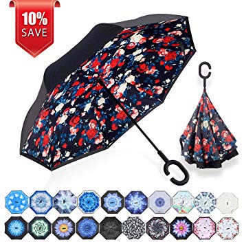 ZOMAKE Double Layer Inverted Umbrella Cars Reverse Umbrella, UV Protection Windproof Large Straight Umbrella for Car Rain Outdoor With C-Shaped Handle