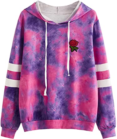 DIDK Women's Embroidered Rose Patch Stripe Sleeve Tie Dye Hoodie Sweatshirt