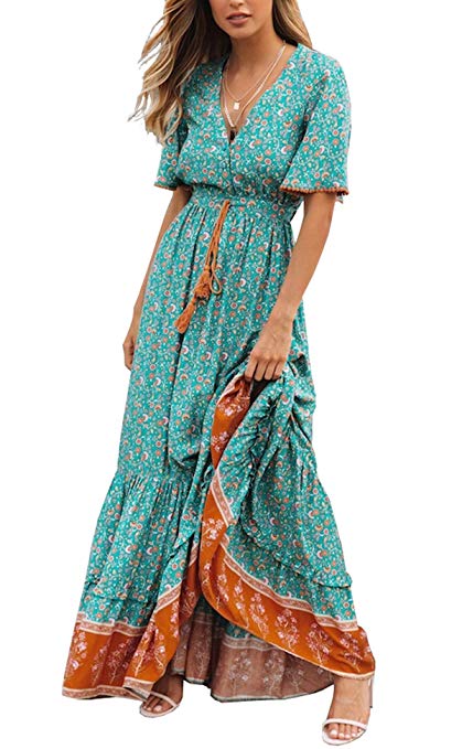 R.Vivimos Womens Summer Cotton Short Sleeve V Neck Floral Print Casual Bohemian Long Dresses