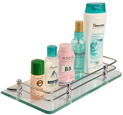 Primax Stainless Steel Multi-Purpose Glass Shelf/Bathroom Shelf/Kitchen Shelf 12" X 6" inches - Wall Mount, Transparent