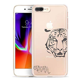 iPhone 8 Plus Case, SwiftBox Clear Flexible TPU Gel IMD Case for iPhone 7 Plus and iPhone 8 Plus with Tempered Glass Screen Protector (Cool Grey Tiger)