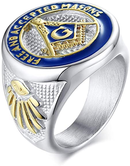 IFUAQZ Men's Stainless Steel Masonic Freemason Rings Gold Blue Free and Accepted Masons Symbol Signet Band