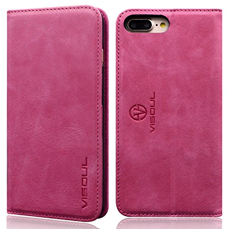 iPhone 7 Plus Wallet Case,VISOUL Genuine Leather Luxury Case,Classic Folio Case Book Design with Stand and 3 Card Slots Case, Magnetic Closure Case for Apple iPhone 7 Plus ( Pink )