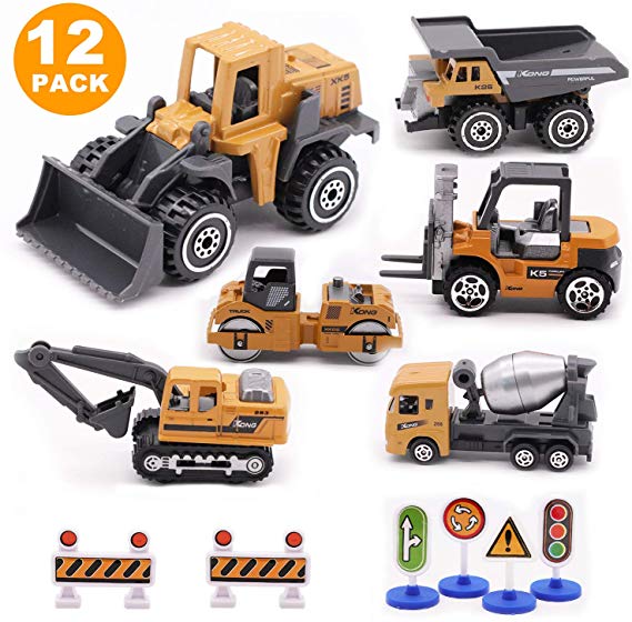 Alloy Construction Engineering Vehicle Toys set 12 PACK Stacker,Big forklift,Heavy duty roller,excavator,Heavy transport vehicle,Engineering mixer, Construction Traffic Sign mini Set for Kids Boys
