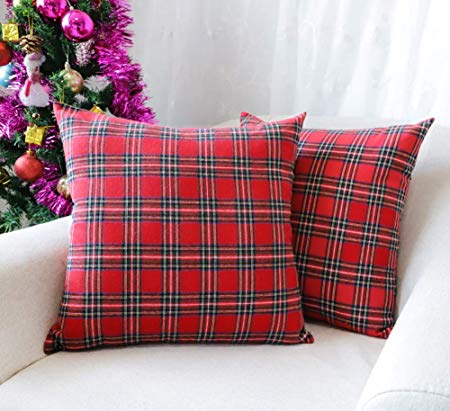 4TH Emotion Set of 2 Christmas Scottish Tartan Plaid Throw Pillow Covers Cushion Case Cotton Polyester for Farmhouse Home Decor Red and Green, 18 x 18 Inches