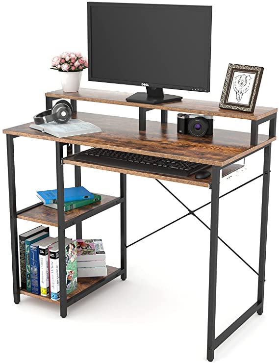 TOPSKY Compact Computer Desk with Storage Shelves/24.5” Keyboard Tray/Monitor Stand Study Table for Home Office (38.6inch, Rustic Brown)