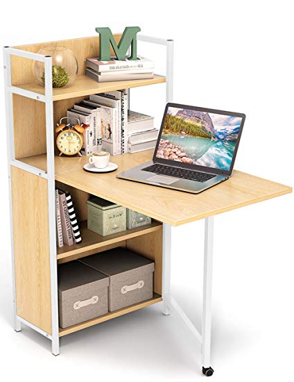 Tribesigns Small Folding Computer Desk with Bookshelves, Foldable PC Laptop Study Table Writing Desk with Storage Shelves for Small Space (Walnut)