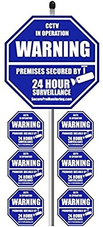 1 "REAL" CCTV Security Camera Home Alarm Yard Sign (9" x 9") with 36" Long Post with 6 Security Alarm System Stickers (White & Blue)