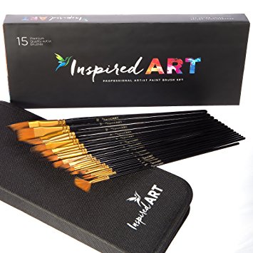 Paint Brush Set - 15 Professional Art Brushes for Acrylic, Watercolor, Oil, Gouache and Face Painting. Pop-up Stand and Protective Carry Case with Gift Box. Superior Artist Quality, No-Shed Bristles