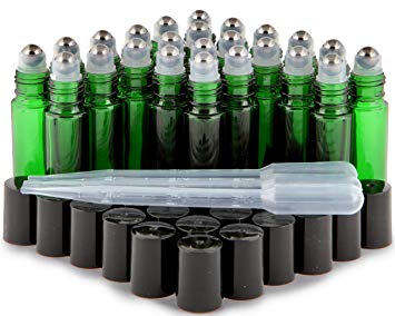 Vivaplex, 24, Green, 10 ml Glass Roll-on Bottles with Stainless Steel Roller Balls - 3-3 ml Droppers included