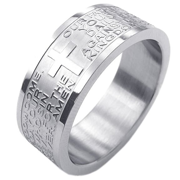 KONOV Mens Womens Stainless Steel Ring, English Lord's Prayer Cross 8mm Band, Silver