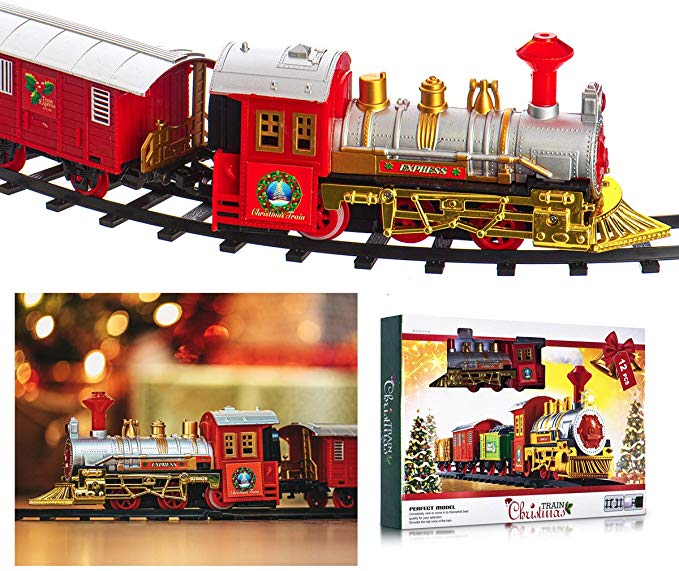 LIVIVO Deluxe 12pc Christmas Train Track Set with Realistic Sound and Head Light With 3 Carriages- Colourful Festive Tree Decoration Toy with Carriages and Tracks – Perfect Xmas Kids Toy Gift