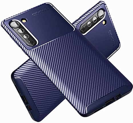 Ranyi Motorola Edge Case, Slim Fit Carbon Fiber Case with Reinforced Corners Shock Absorbing Full Body Protection Flexible Resilient TPU Rubber Rugged Case Cover for Motorola Moto Edge 5G -Blue