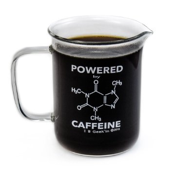 Premium Laboratory Beaker Mug - Powered By Caffeine - Borosilicate Glass 14 oz Capacity - Caffeine Molecule on Front and Funny Graduation Scale on Back