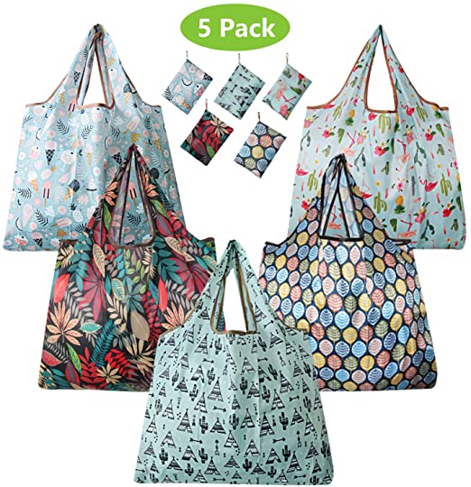 Reusable Grocery Bags 5 Pack Foldable Eco-friendly Large Groceries Tote Bag with Pouch Washable Sturdy Cute and Lightweight Shopping Bags (5 XL Pattern A)