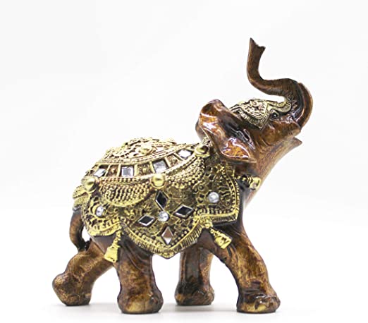 Mose Cafolo ~ 5"(H) Elephant Figurines Statue with Golden Cloak Trunk Up for Good FengShui Wealth Lucky for Home Décor and Gift