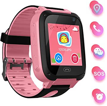 Kids Smart Watch Phone with LBS Tracker Smartwatch Anti-lost Alarm Smart Watches SOS Call Camera Flashlight Touch Screen for 3-12 Boys Girls Childrens Birthday Toys (Pink)