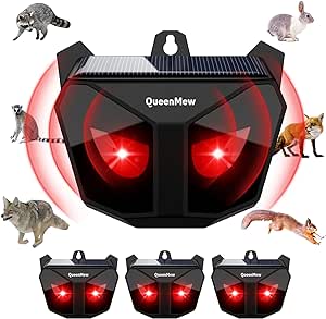 4 Pack Animal Deterrent Devices,Solar Powered Animal Repeller Outdoor with Red LED Strobe Lights, Night Guard Cat Deterrent Devices for Cat, Racoon, Skunk, Squirrel, Deer,Sound Frequency: 15kHz