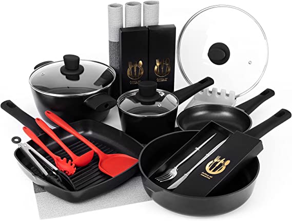 Sakuchi Nonstick Pots and Pans Set,25PCS Nonstick Cookware Sets, Induction Stone Cookware Set Essentials Non Stick Cooking Set w/Frying Pans Saucepan & Steak clip(PFOS, PFOA Free)