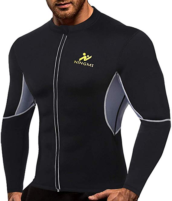 NINGMI Men Long Sleeve Sweat Sauna Shirt Neoprene WeightLoss Workout Zip Jacket