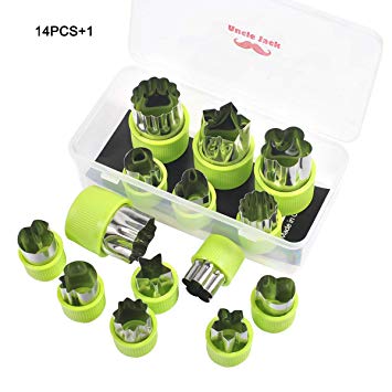Biscuit Vegetable Fruit Cutter Shapes Tools Set （14pcs）with Storage Box for mini cookie fondant pastry decoration or kids food with Storage Box by Uncle Jack (Biscuit cutter-14 Green  Storage Box)