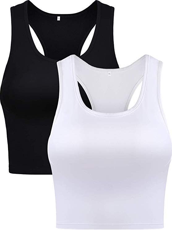 Boao 2 Pieces Cotton Basic Sleeveless Racerback Crop Tank Top Sports Crop Top for Women Girls Daily Wearing, White