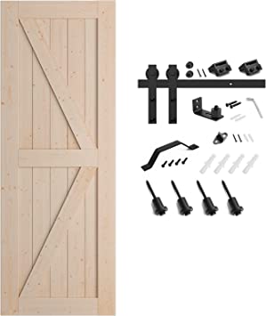 SMARTSTANDARD 30in x 80in Sliding Barn Door with 5ft Barn Door Hardware Kit & Handle, Pre-Drilled Ready to Assemble, DIY Unfinished Solid Spruce Wood Panelled Slab, K-Frame