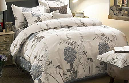 Wake In Cloud - Floral Duvet Cover Set Queen, 100% Soft Cotton Bedding, Botanical Flowers Pattern Printed, with Zipper Closure (3pcs, Queen Size)