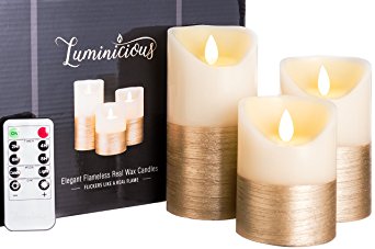 LUMINICIOUS™ FLAMELESS CANDLES | FLICKERING LED FLAME. Electric battery operated, remote control & timer | Real Wax Pillar Ivory with Gold trim | candles set of 3 (3"x4"/5"/6") PERFECT GIFT IDEA