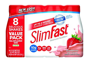 SlimFast Ready to Drink Bottles, Strawberries and Cream Meal Replacement Shake, 11 Fl Oz, 8 Count