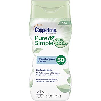 Coppertone Pure & Simple SPF 50 Sunscreen Lotion, Water Resistant, Hypoallergenic, Dermatologically Tested, Plus 100% Natural Botanicals, Broad Spectrum UVA/UVB Protection, 6 Ounce