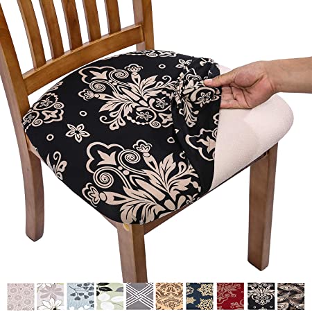 Comqualife Stretch Printed Dining Chair Seat Covers, Removable Washable Anti-Dust Upholstered Chair Seat Cover for Dining Room, Kitchen, Office (Set of 4, Black)