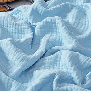 PHF 100% Cotton Muslin Blanket Queen Size 90" x 90", 4-Layer Lightweight and Breathable Blanket for Summer, Luxuriously Soft Gauze Blanket for Couch Bed, Sky Blue