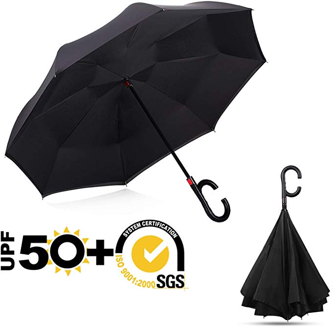 ABCCANOPY Inverted Umbrella,Double Layer Reverse Windproof Teflon Repellent Umbrella for Car and Outdoor Use, UPF 50  Big Stick Umbrella with C-Shaped Handle and Carrying Bag, Black