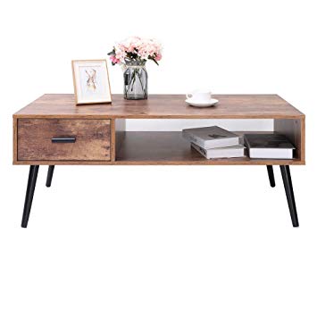 IWELL Mid-Century Coffee Table with 1 Drawer and Storage Shelf for Living Room, Cocktail Table, TV Table, Rectangular Sofa Table, Office Table, Solid Elegant Functional Table, Easy Assembly