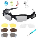WONFAST Black Bluetooth Sunglasses Sun Glasses Music Handsfree Headset Headphones for Smart Phone PC Tablet IPHONE6 6 PLUS Samsung HTC Bluetooth devices  Free Replaceable 3 pair lens YellowBrownClear