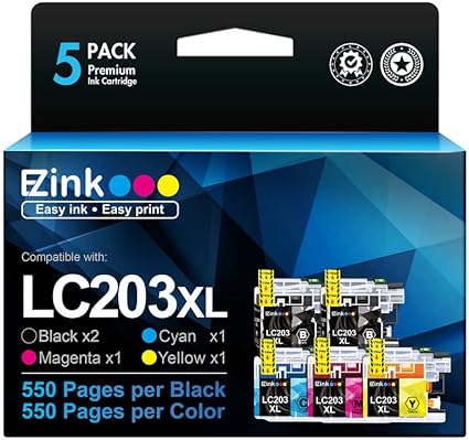 E-Z Ink (TM LC203XL Compatible Ink Cartridges Replacement for Brother LC203 XL LC201 to use with MFC-J480DW MFC-J880DW MFC-J4420DW MFC-J680DW MFC-J885DW (Black, Cyan, Magenta, Yellow, 5 Pack)