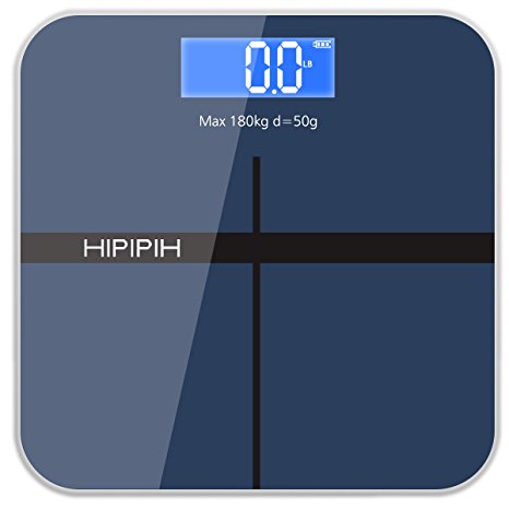 Hippih Digital Body Weight Bathroom Scale with Step-On Technology Measures Weight 400lb/180kg AAA Glass Square 004 (Blue)