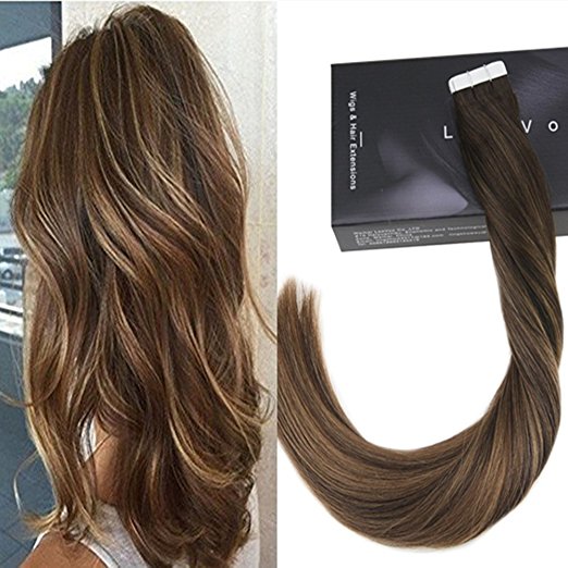 LaaVoo 16" 20pcs/50g Tape in Human Extensions Balayage Ombre Color Chocolate Brown #4 to Caramel Blonde #27 100% Remy Human Hair Extensions