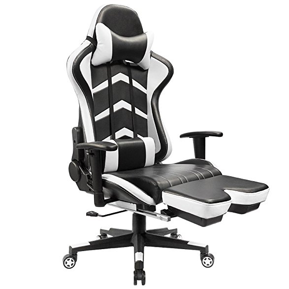 Furmax Gaming Chair High Back Racing Chair, Ergonomic Swivel Computer Chair Executive PU Leather Desk Chair With Footrest, Bucket Seat and Lumbar Support (White)