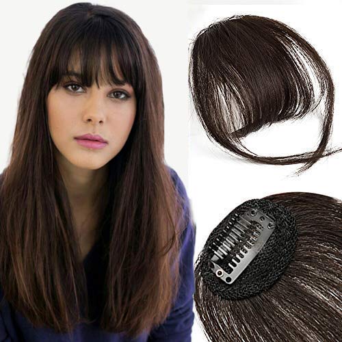 HMD Bangs Hair Clip in Bangs Human Hair Bangs Hairpiece for Women Clip on Fringe Bangs Real Hair Wispy Bangs Neat Bangs with Temples One Piece Bangs Hair Extensions for Party (Dark brown)