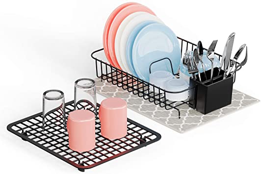 Dish Drying Rack, iSPECLE Set of Small Dish Rack with Utensil Holder & Sink Protector Grid for Kitchen Countertop Save Space, 2 Pack