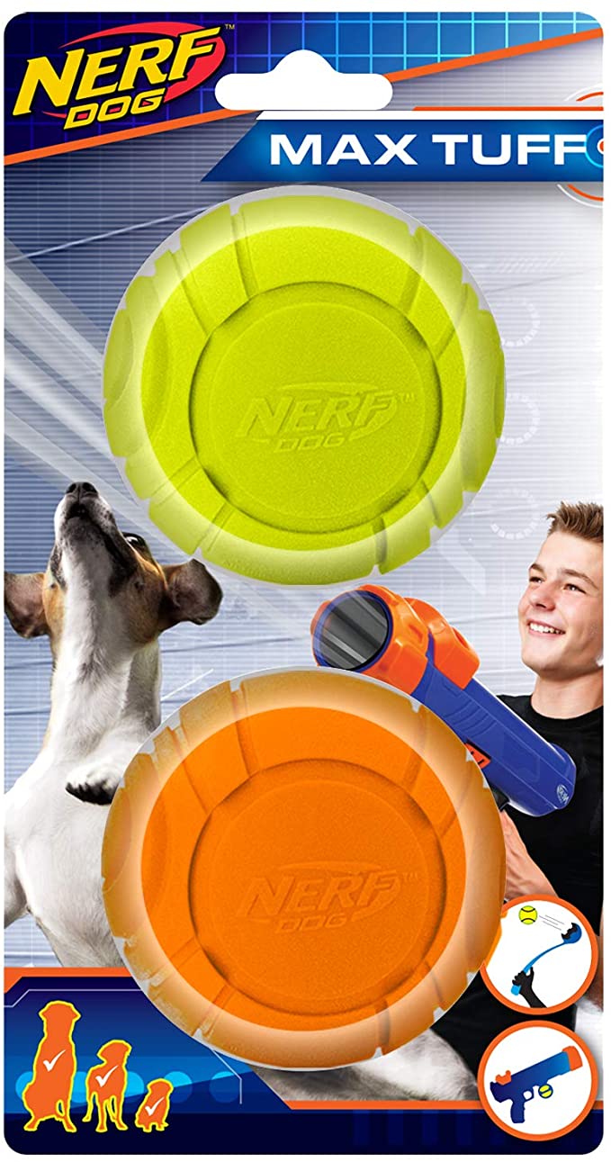 Nerf Dog Sonic Ball Dog Toys, Lightweight, Durable and Water Resistant, 2.5 Inches, for Small/Medium/Large Breeds, Two Pack, Green and Orange