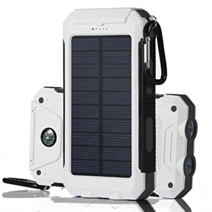 Solar Charger, Tagital Solar Power Bank 12000mAh External Backup Battery Pack Dual USB Solar Panel Charger with 2 LED Light Carabiner Compass Portable for Emergency Outdoor Camping Travel (White)