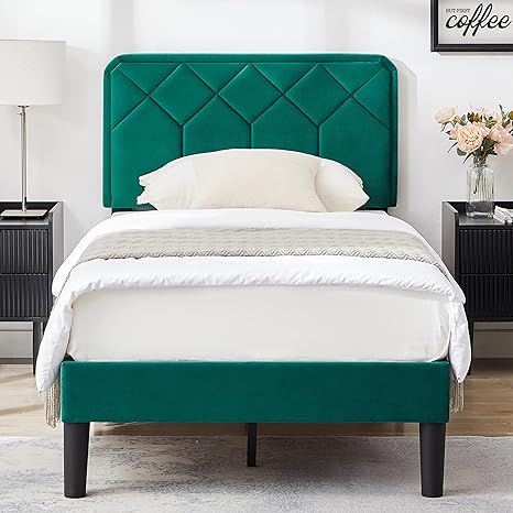 VECELO Twin Size Bed Frame Premium Leather Upholstered Platform with Height Adjustable Headboard/Mattress Foundation, Solid Wooden Slat Support, No Box Spring Needed/Easy Assembly