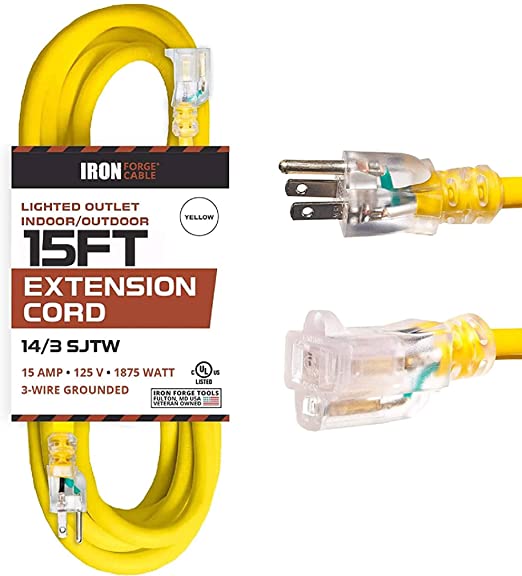 15 Foot Lighted Outdoor Extension Cord - 14/3 SJTW Heavy Duty Yellow Extension Cable with 3 Prong Grounded Plug for Safety - Great for Garden and Major Appliances